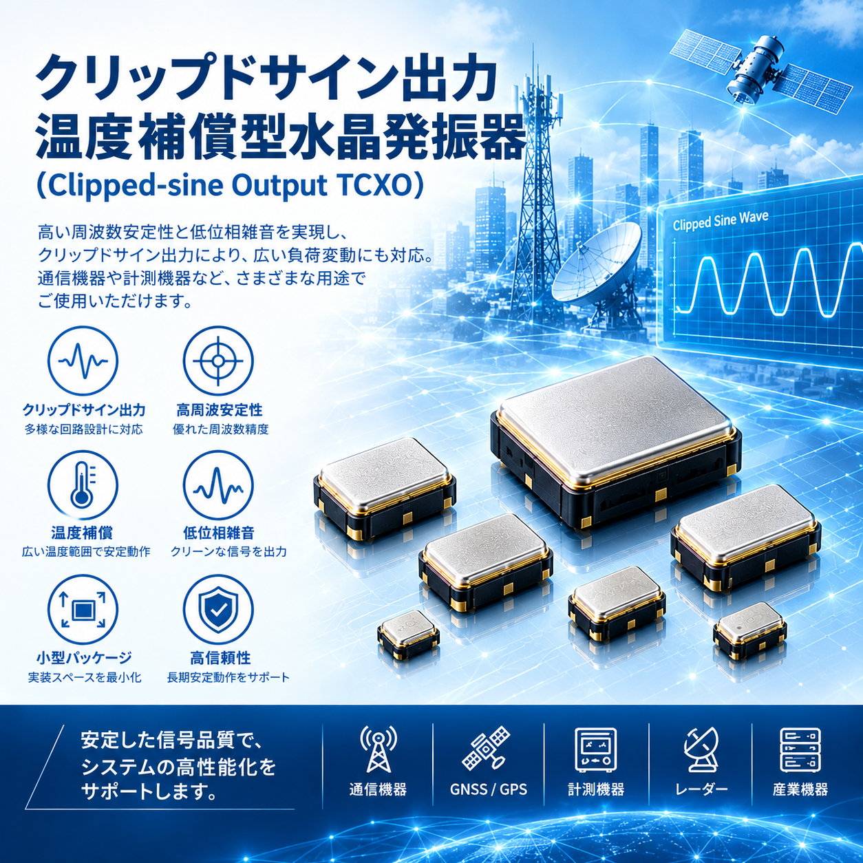 クリップドサイン出力 温度補償型水晶発振器 (Clipped-sine Output TCXO)